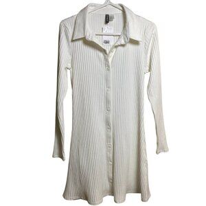 H&M Divided NWT Ribbed Front Buttons Collared Swing Dress Business Size L White